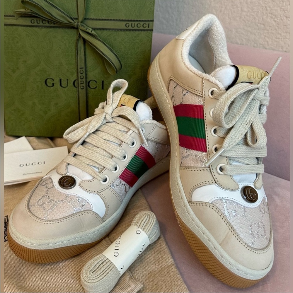 Gucci Cream and White Sneakers with Red and Green Accents